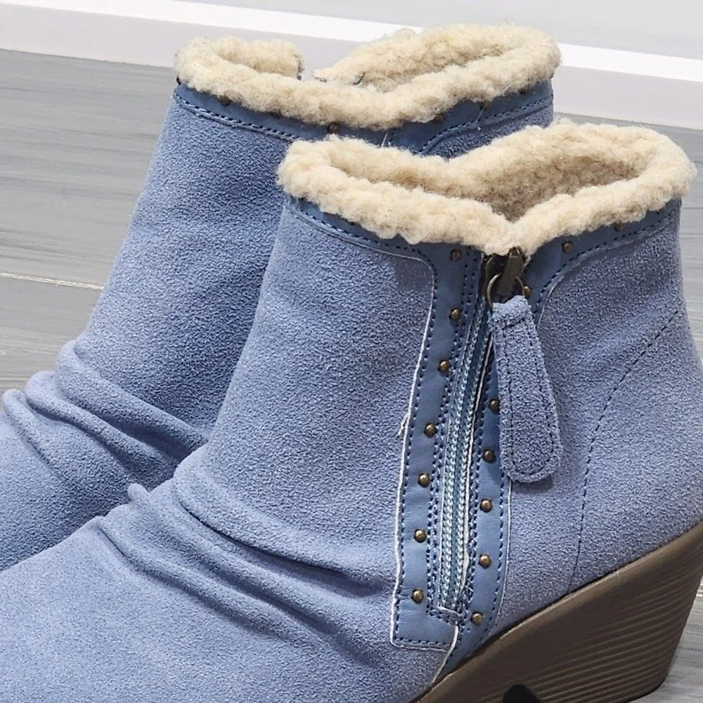 Skechers‎ Booties Jumper Sweet Stud Blue Suede Sherpa Lined Wedge Boots Size 6 - Picture 8 of 12